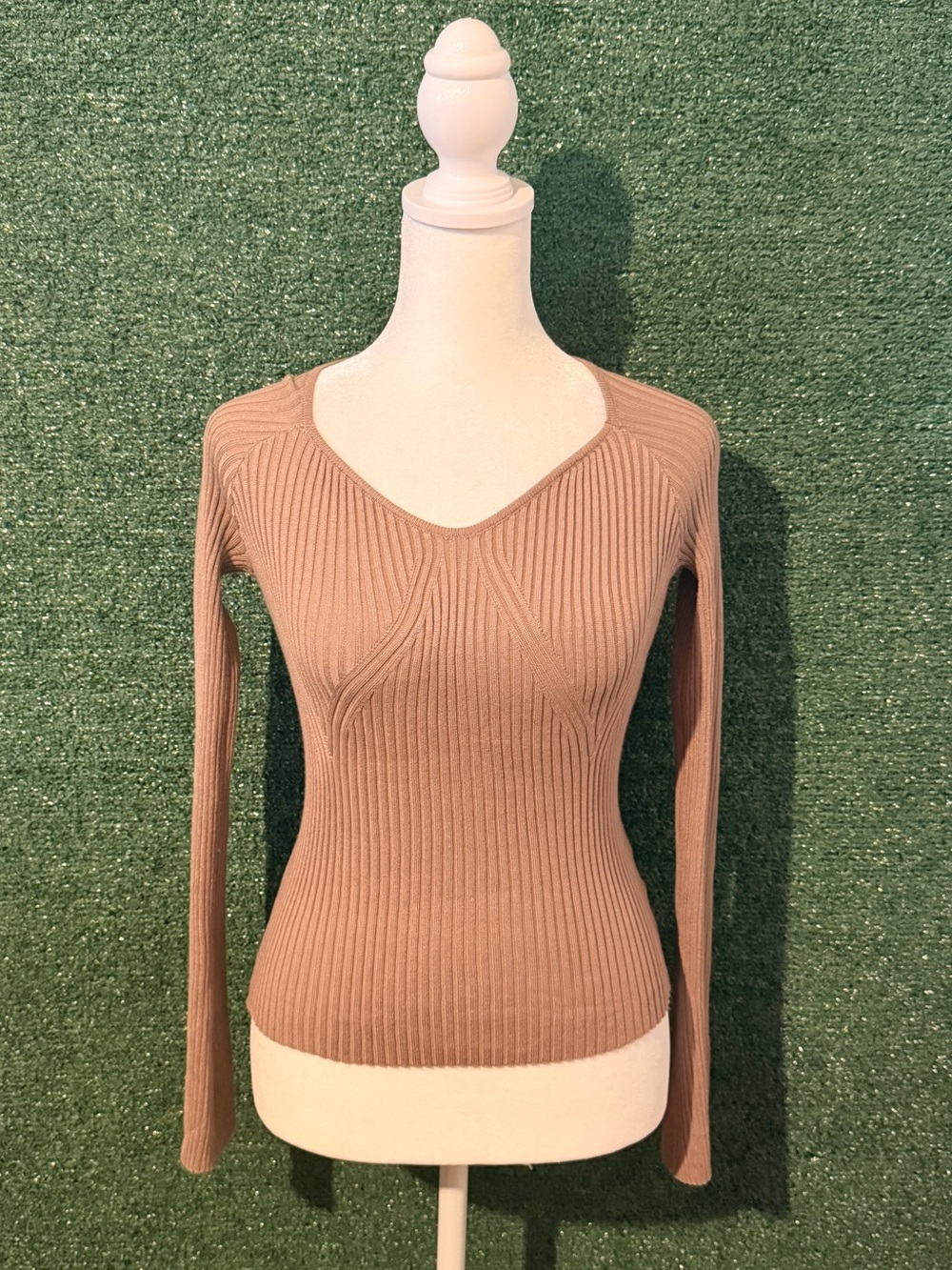 Pink Rose Ribbed Long-Sleeve Knit Top in Taupe